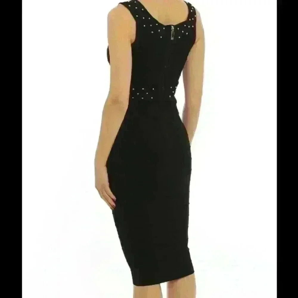 Vintage sexy party/cocktail statement  beaded black bodycon midi dress S